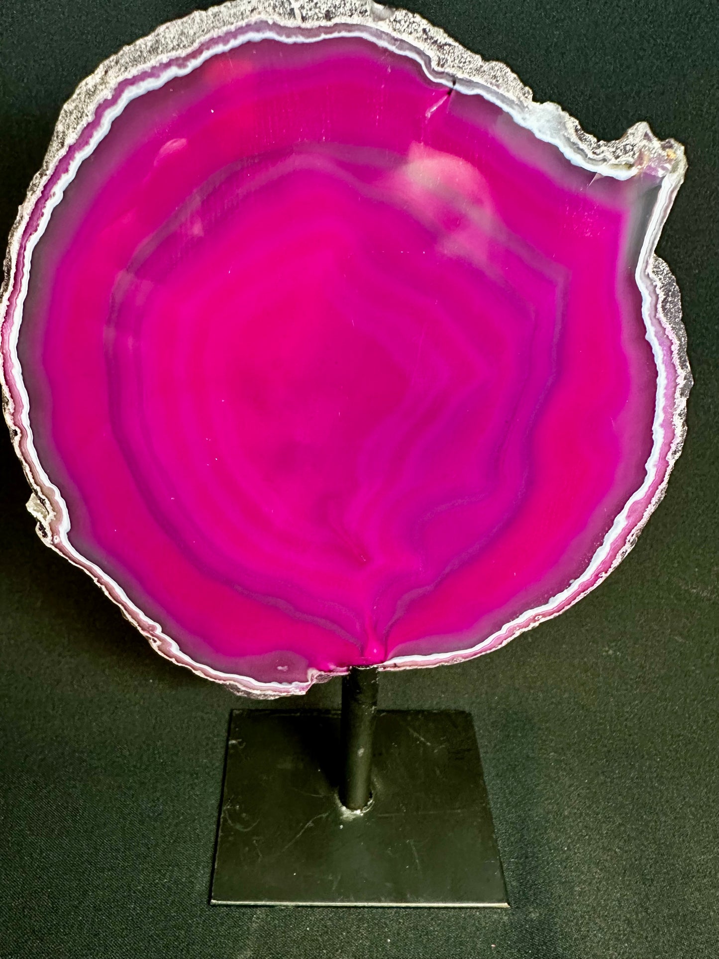 Pink Agate Slice on Metal Base, 20.5 cm tall