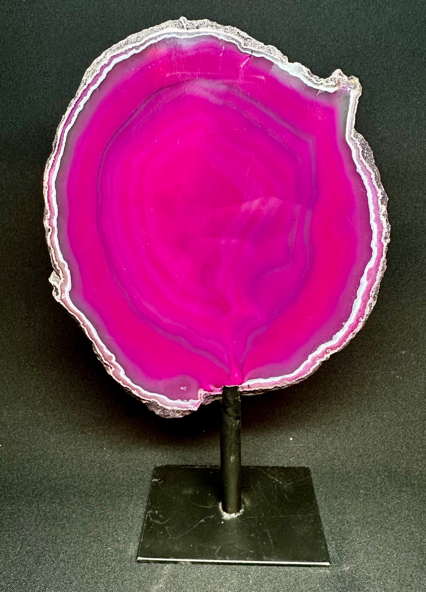 Pink Agate Slice on Metal Base, 20.5 cm tall